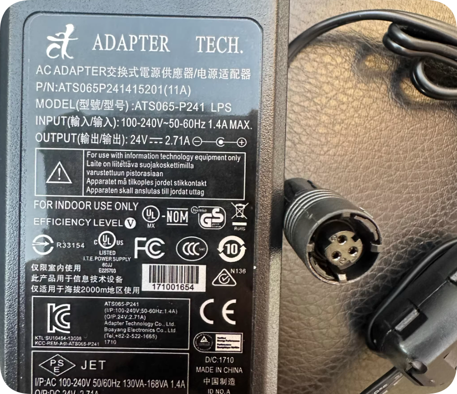 Adapter Tech ATS065-P241 24V 2.71A 4-Pin Power Supply for FARO 3D Coordinate Measuring M